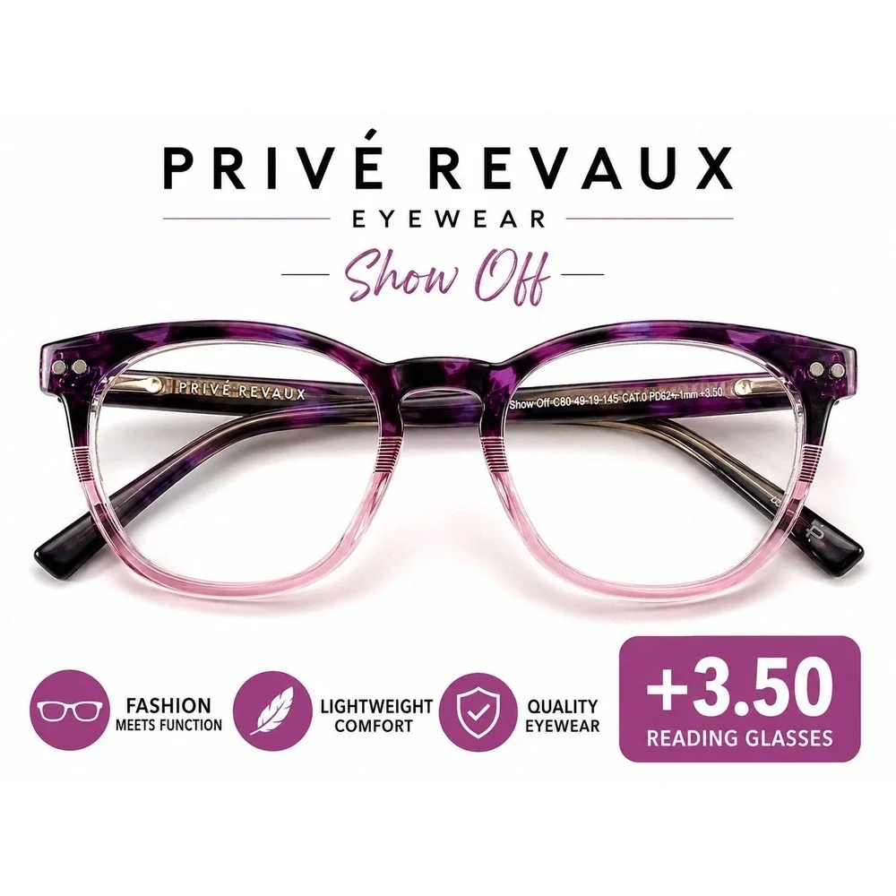 NEW Privé Revaux Show Off +3.50 Reading Glasses Purple Pink Ombre Eyeglass...